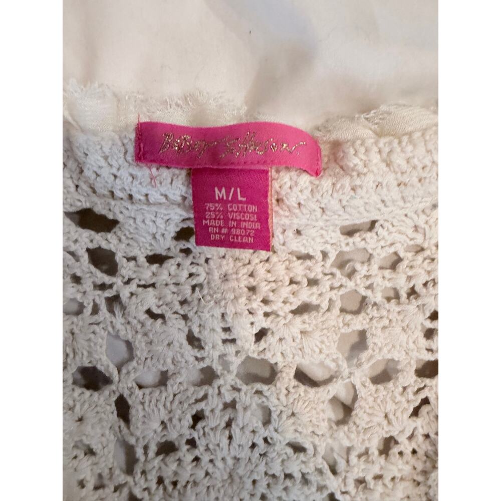 Vintage Y2K Betsey Johnson M/L Cream Crochet Cardigan Beaded Ruffle Boho - Picture 3 of 7